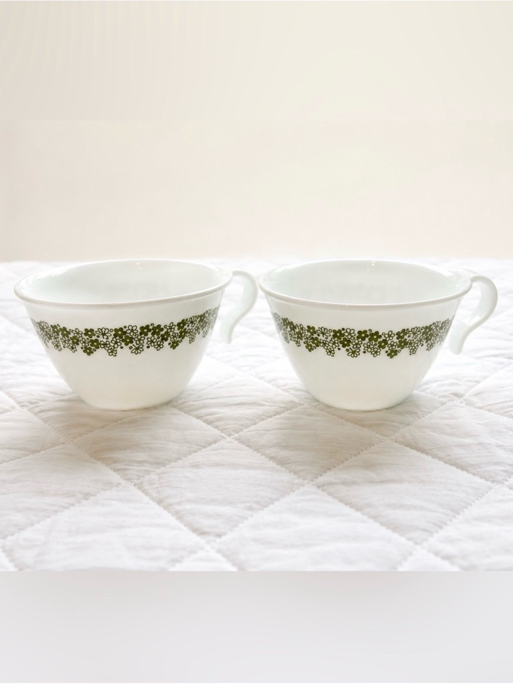 White Ceramic Cups with Olive Green Floral Band - Set of 2Vintage Corelle Spring